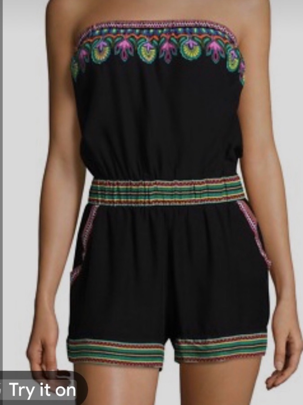 Trina Turk Black Strapless Embroidered Romper with Multicolor Trim
